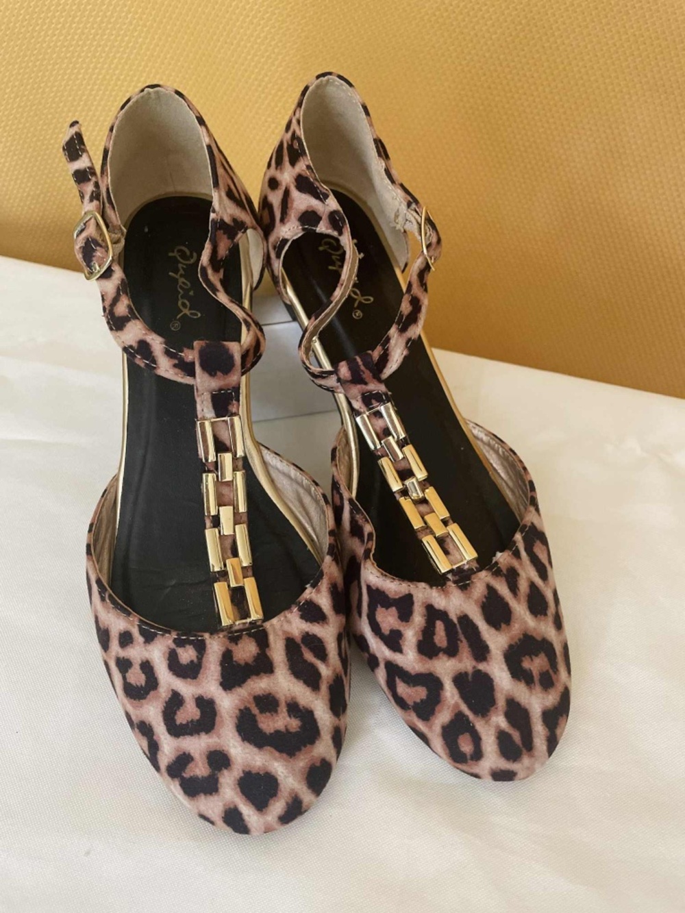 Qupid Leopard Print Ankle Strap Mary Janes Flats shoes with Gold Detail 7 1/2